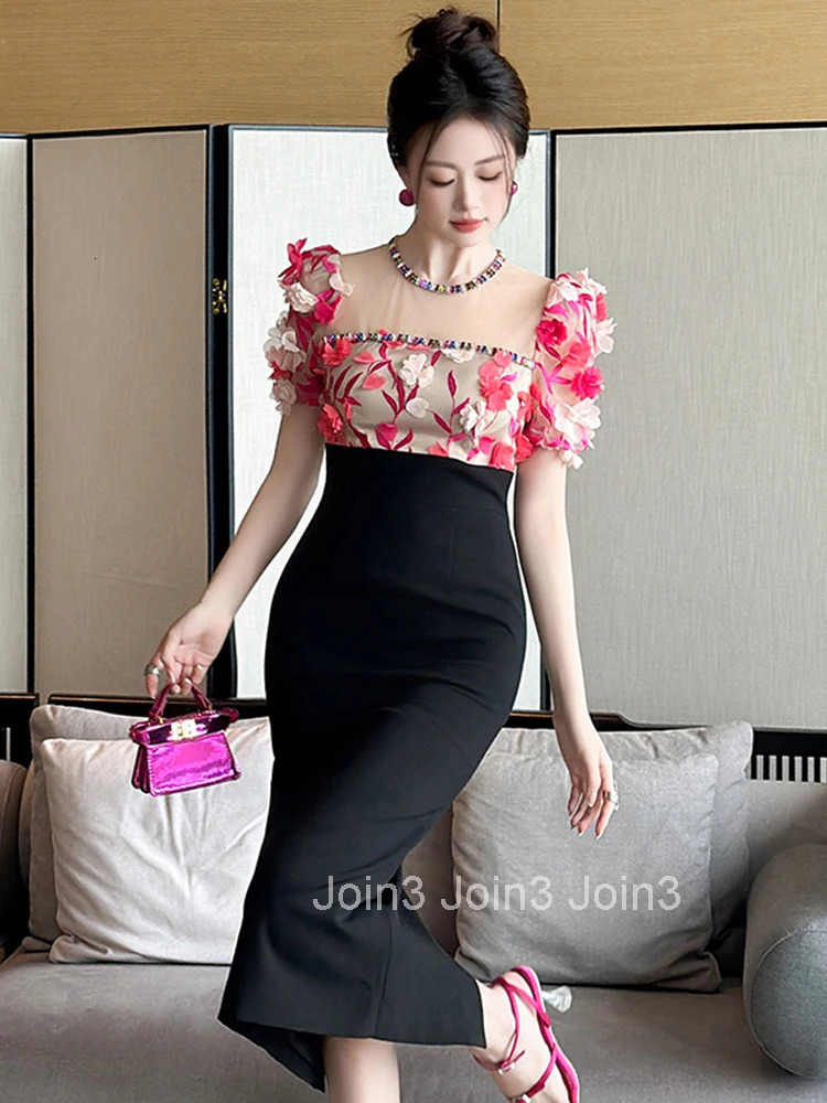 Women Clothes Sweet Floral Sexy Puff Sleeve Slim Midi Pencil Dress Elegant Luxury Fashion Evening Party Vestidos Formal Occasion