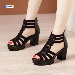 Women's with Thick Heels 2024 New Non-Slip Peep Mid-High Heel Roman Style Soft Sole Open Toe Platform Sandals ddmythur