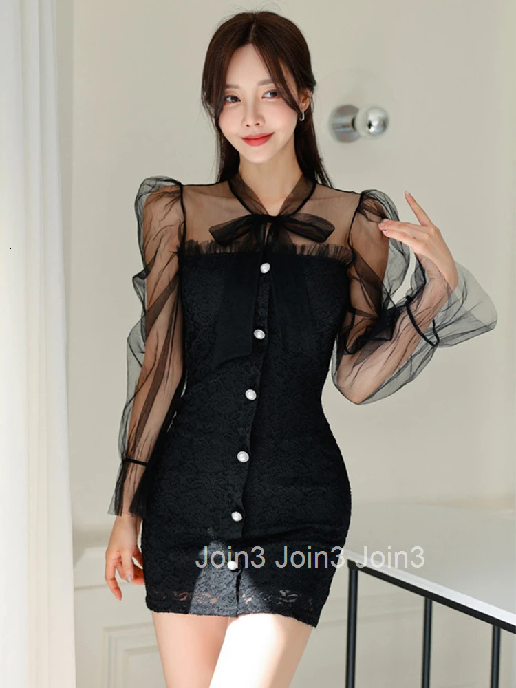 Sexy Temperament Bodycon Dress Women Fashionable Sweet Sheer Mesh Bow Bandage Lace Single Breasted Short Gown Party Vestidos New