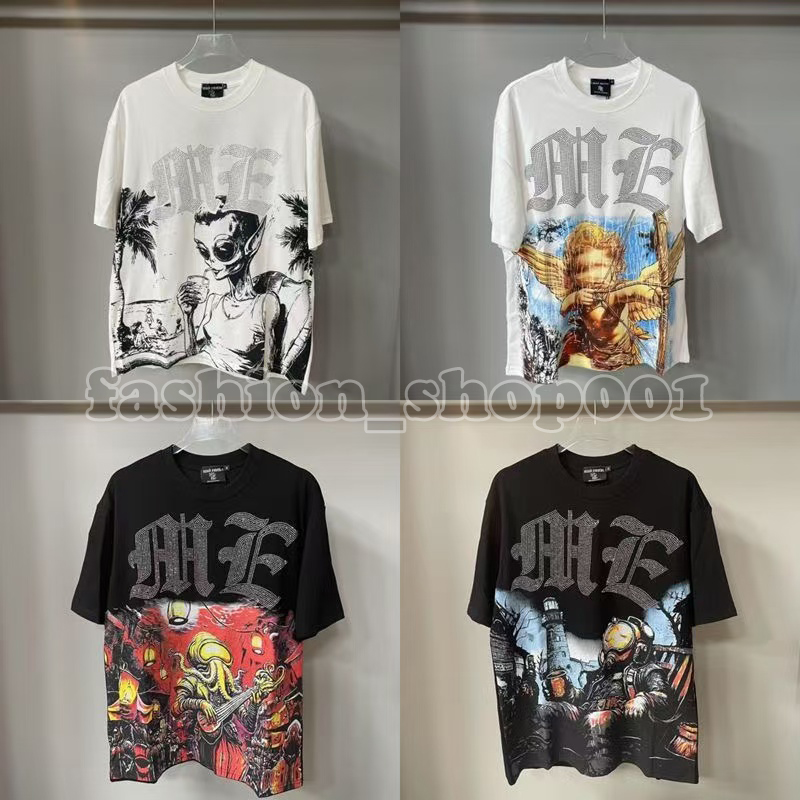 MIXED EMOTION Designer Mens T Shirts Vintage Graphic tee Oversized Hot Diamond Inlay Y2K Harajuku Gothic Cotton Short Sleeve Print Shirt Men Clothing Size S-XL