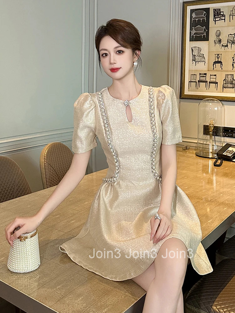 New Summer Elegant Luxury Pearl Gown Evening Dress Women Clothes Sparkly Retro Puff Sleeve Slim A-Line Short Party Prom Vestidos