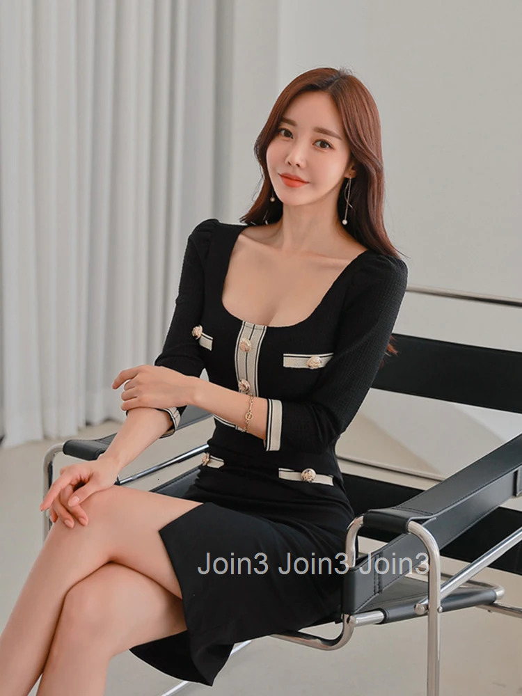 Korean Fashion Black Work Style Formal Pencil Dress Women Clothes Elegant Office Vintage Square Collar Slim Slit Midi Vestidos