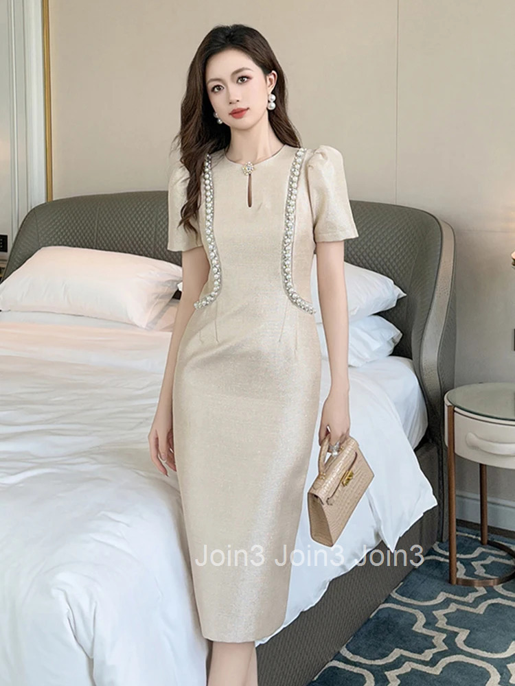 Summer Fashion Commute Formal Occasion Evening Dress Women Clothes Elegant Lady Retro Pearl Puff Sleeve Slim Midi Pencil Vestido