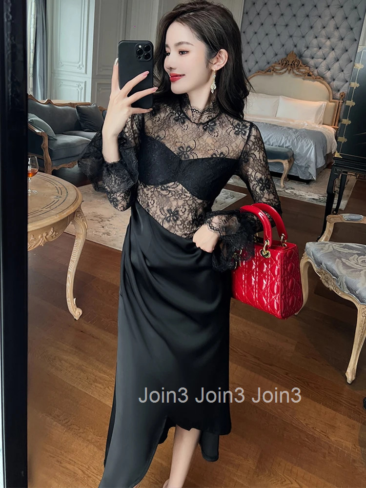 Spring Autumn Lace Fashion Women Evening Dress Chic Black Sheer Sexy Flare Sleeve Slim Midi Party Club Robe Femme Mujer Vestidos
