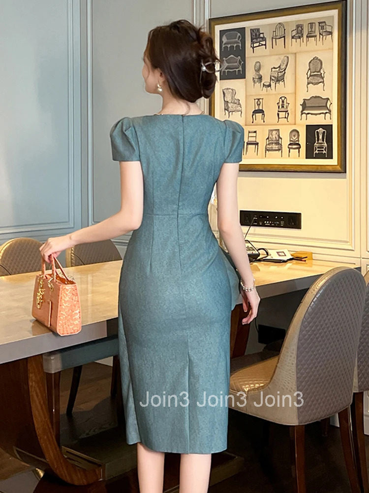 New Summer Fashion Work Style Formal Occasion Pencil Dress Women Clothes Commute Retro Solid Bow Short Sleeve Slim Party Vestido