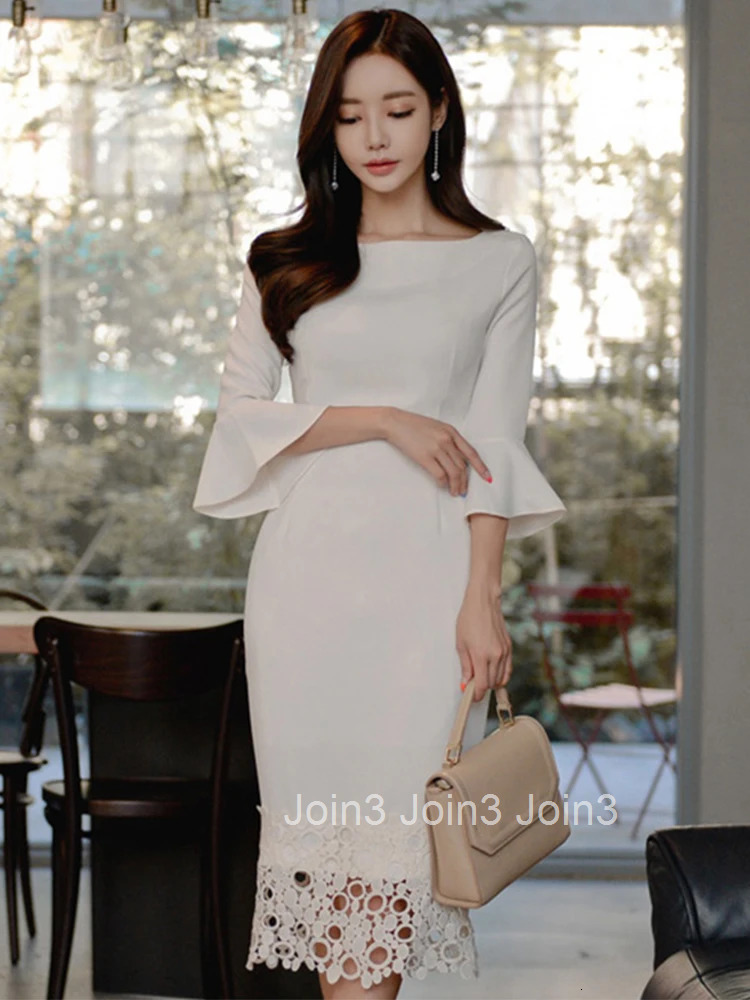 Korean Fashion Summer Elegant Women Evening Dress Formal Chic White O-Neck Slim Midi Pencil Party Prom Robe Femme Mujer Vestidos