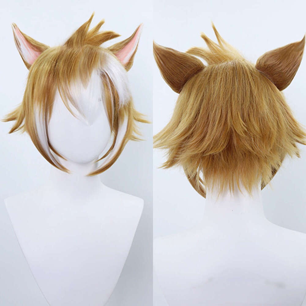 Anime Genshin Impact Gorou Cosplay Brown Mixed White 3D Ears Short Hair Synthetic Wig