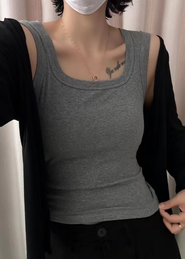 Square Neck Wide Shoulder Back Vest with Chest Pad - Pure Cotton Outerwear Strapless top casual top