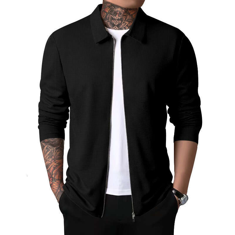 Cross-border Cardigan Men Autumn New Zipper Coat Casual Men's Long Sleeve Turn-down Collar Waffle Jacket