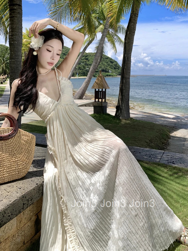 Women Vacation Clothes Sweet Floral Hollow Sexy Sling V-Neck Loose Maxi Long Dress Elegant Fashion Party Prom Vestido Robe Beach