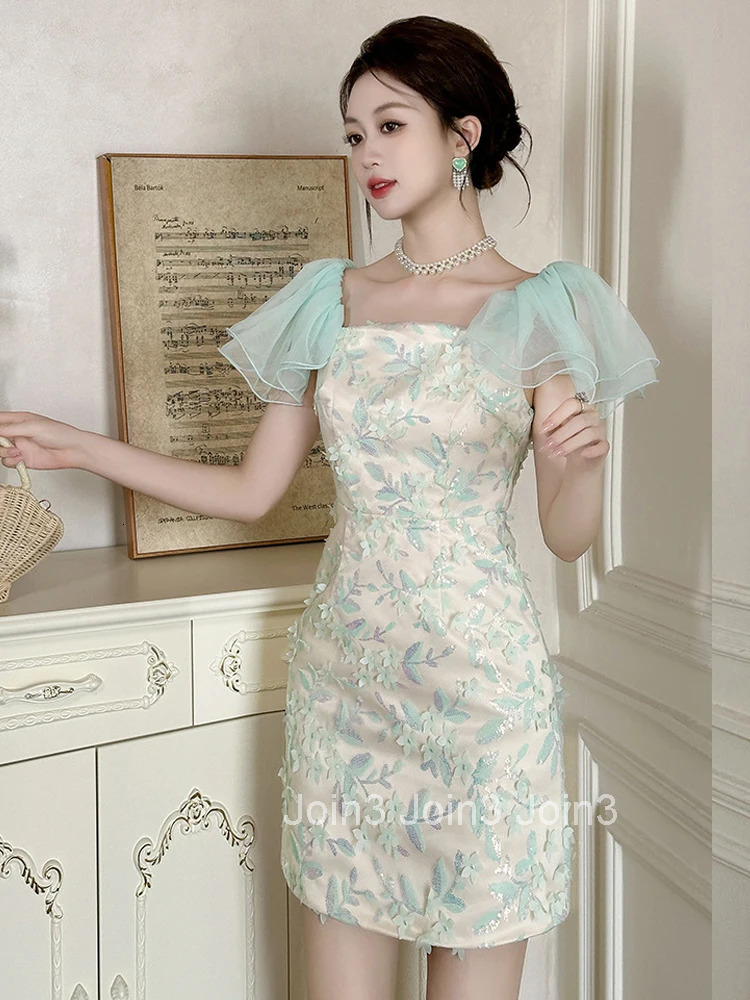 Summer Fashion Lace Sequin Floral Vacation Evening Dress Women Clothes Girls Sweet Sexy Bubble Sleeve Slim Party Prom Vestidos