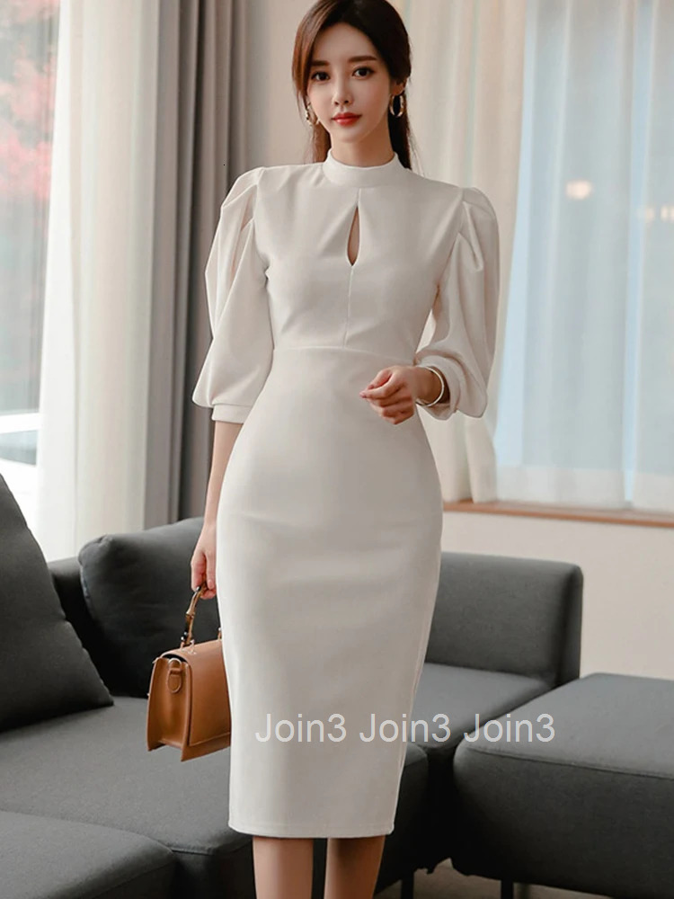 New 2023 Korean Fashion Spring Autumn Women Evening Dress Sexy Hollow Lantern Sleeve Slim Midi Pencil Party Prom Mujer Vestidos