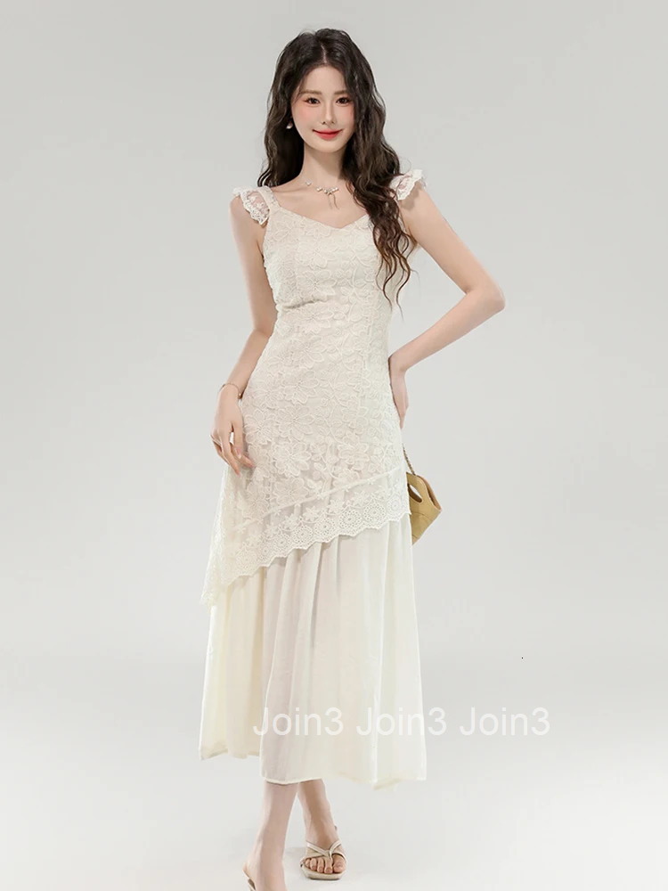 Women Clothes Sweet Lace Floral Sexy Sling V-Neck Slim Midi A-Line Dress Elegant Fashion Party Prom Vestidos Robe Casual Summer