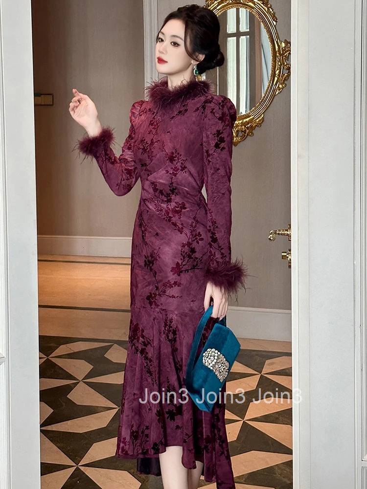 Women Clothes Vintage Purple Floral Feather O-Neck Slim Midi Fishtail Dress Elegant Fashion Party Prom Vestido Autumn Winter New