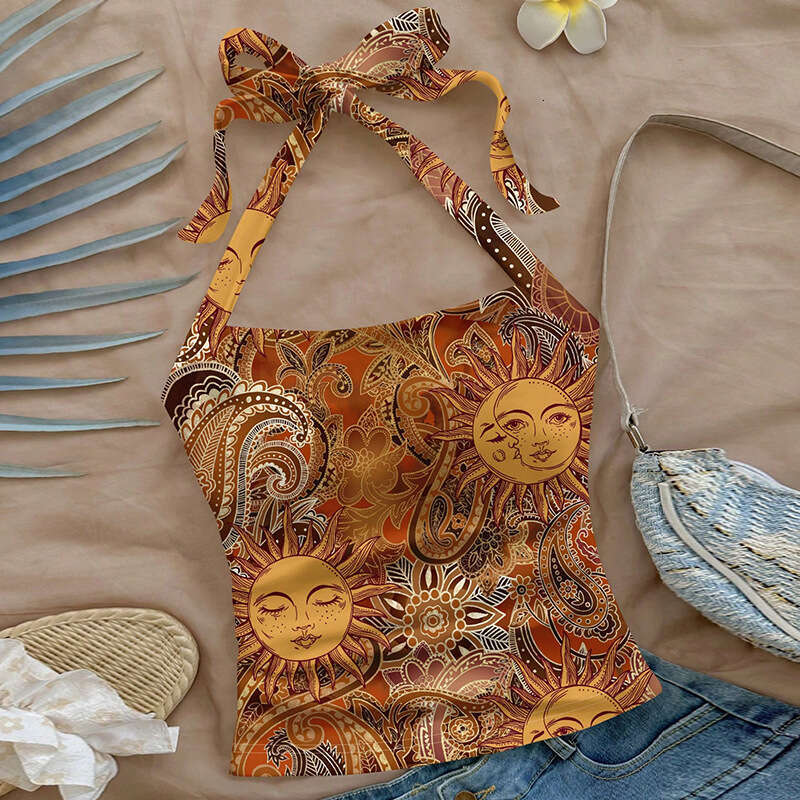 Cross-Border Foreign Trade Design Sense Retro Ethnic Style Camisole Top 2025 Summer European and American Sexy Halter Neck Slim Fit Women's Vest