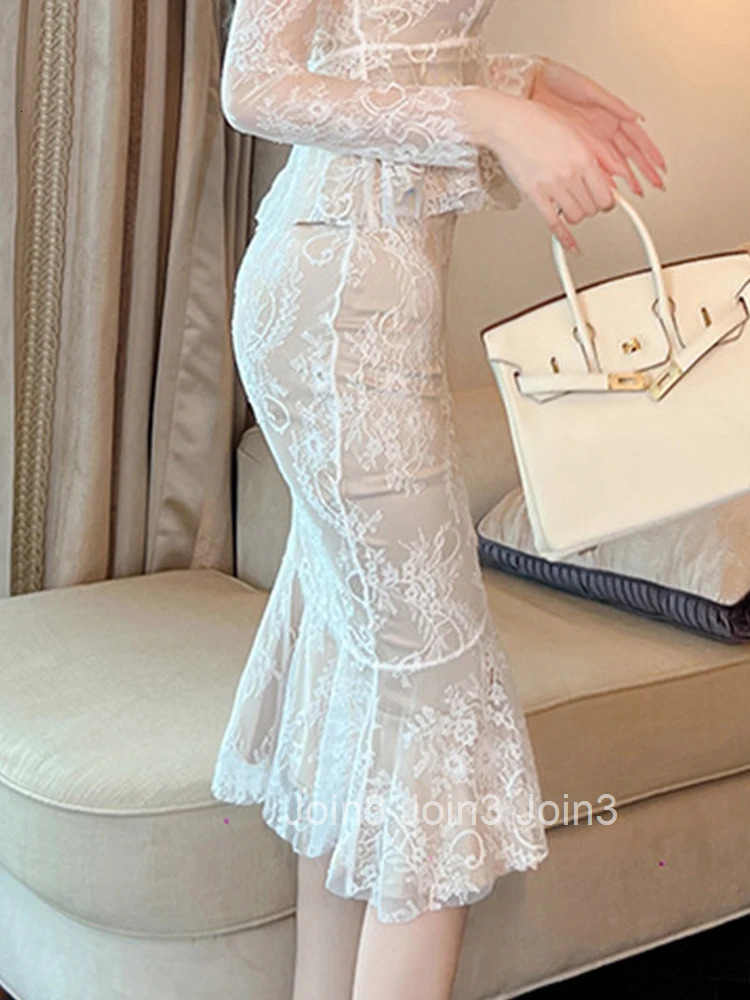 Fashion Spring Autumn Women Slim Skirt Elegant Office Lace Solid Wrap Hip High Waist Midi Fishtail Club Street Clothes Outfits