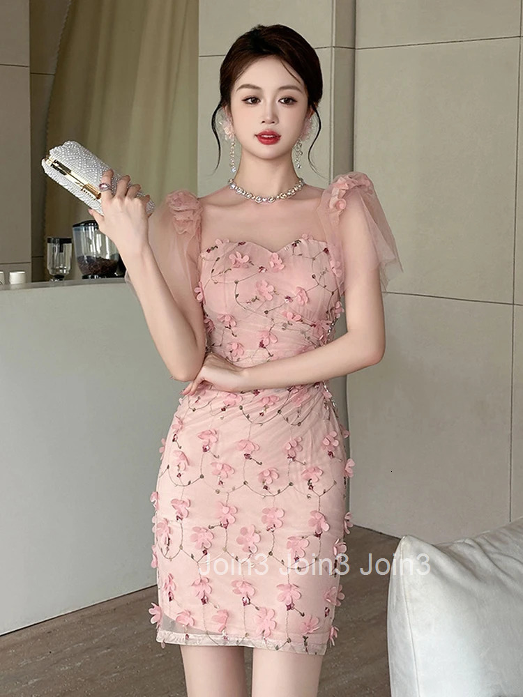 Summer Sweet Pink Floral Vacation Evening Dress Women Clothes Elegant Luxury Sexy Bubble Sleeves Skinny Party Prom Vestido Beach