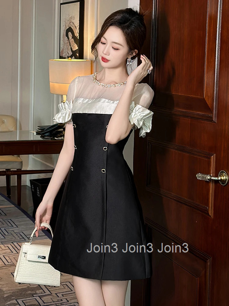 Summer Fashion Elegant Formal Occasion Evening Dress Women Clothes Retro Sheer Sexy O-Neck Puff Sleeve Slim Short A-Line Vestido