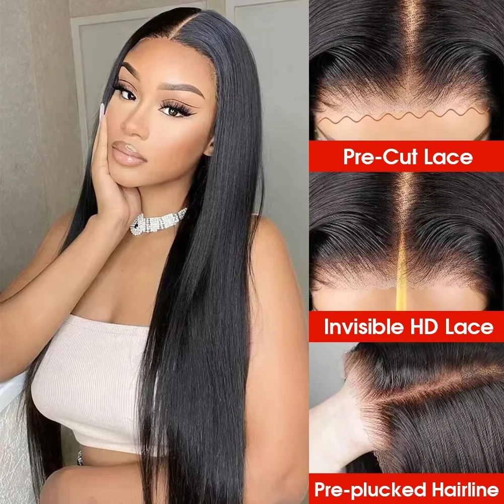 34 Inches Bone Straight 13x4 HD Transparent Lace Front Wigs 250 Density Brazilian Glueless Wigs Human Hair Ready To Wear Synthetic