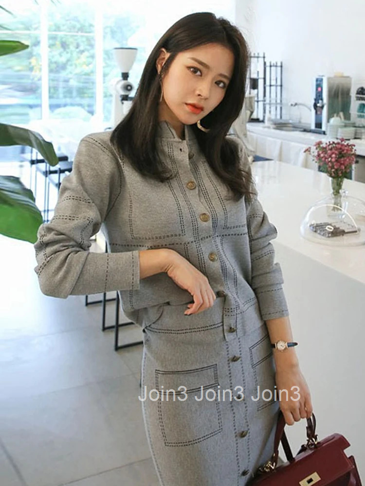 New Korean 2 Pieces Outfits Elegant Women Temperament Formal Casual Single Breasted Coat Tops Sweater High Waist Midi Skirt Sets