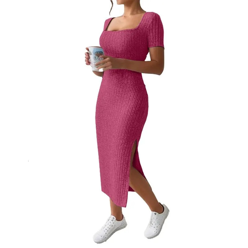 Summer Square Neck HipHugging MidLength Skirt ShortSleeved Versatile Knitted Slit Dress 250616