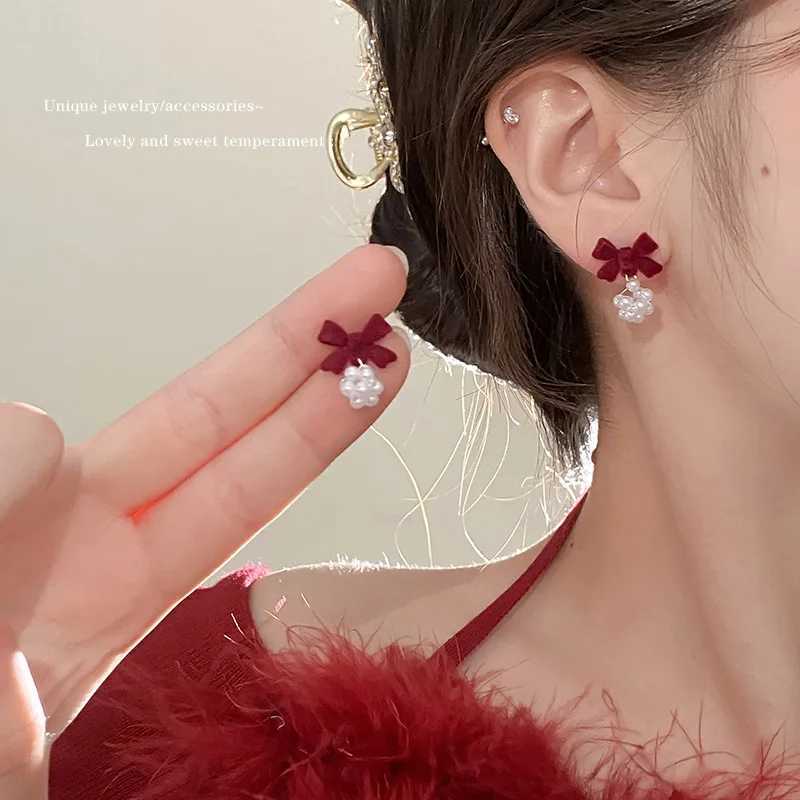 KADRUFI Vintage Red New Christmas Flocking Earrings for Women Bow-knot C-She Pearl Rhinestone Drop Earring Jewelry Party GiftXJ250623