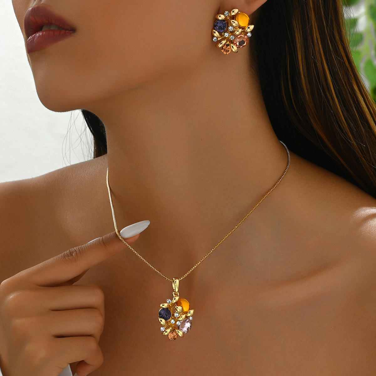 Style Women's Inlaid Long Necklace Jewelry Set Irregular Earrings Clavicle Chain
