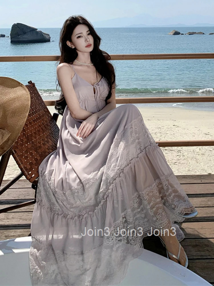 Women Clothes Sweet Lace Sexy Strap V-Neck Loose Maxi Long A-Line Dress Elegant Fashion Party Vestidos Fiesta Robe Vacation New