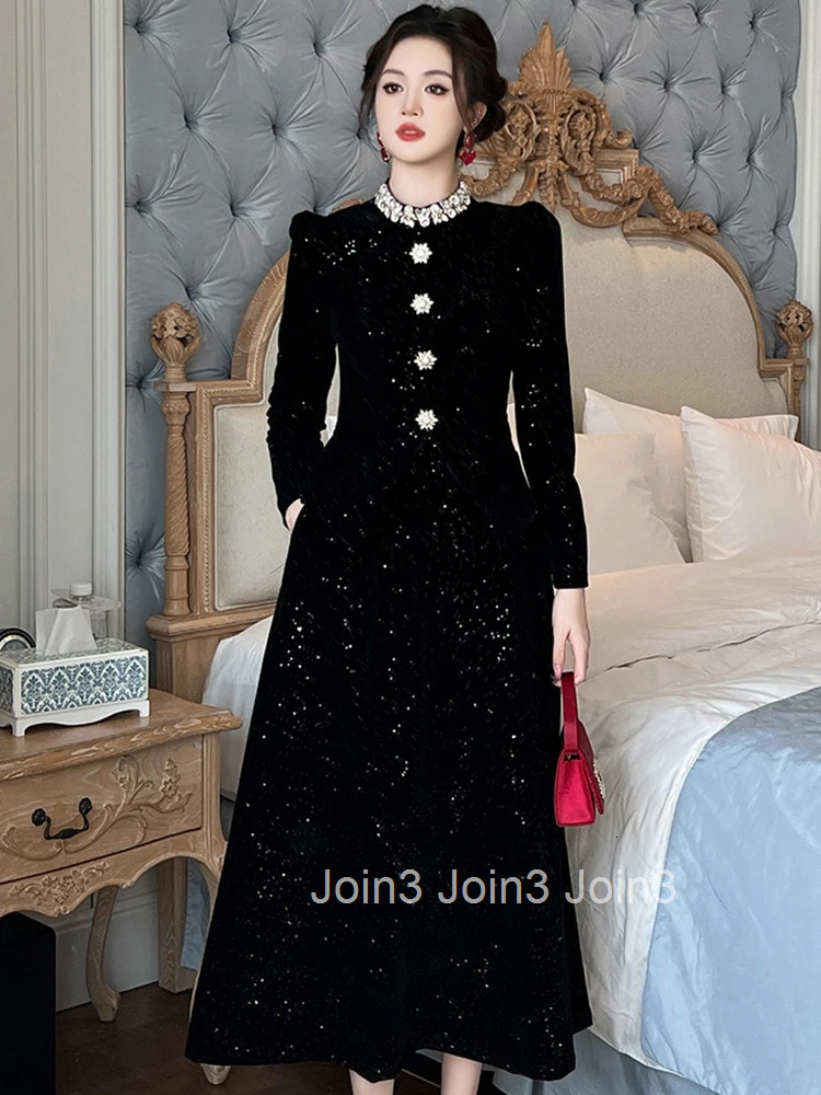 Women Clothes Elegant Luxury Sparkly Black Velvet O-Neck Slim Midi A-Line Long Dress Fashion Evening Party Prom Vestido Robe New
