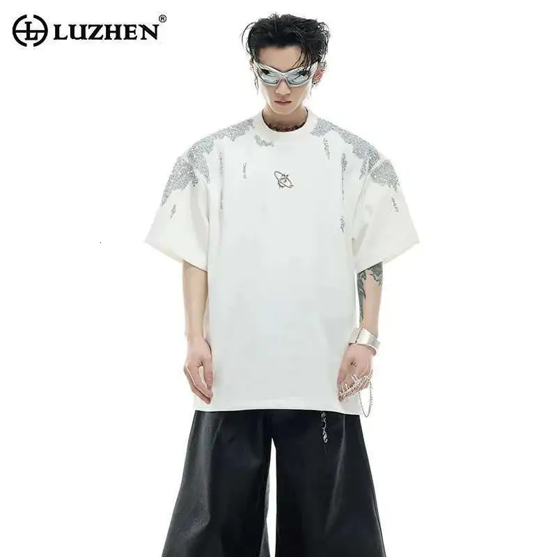 LUZHEN Handsome Streetwear Sequin Patchwork Pattern Short Sleeve T-shirts Men Summer Loose Shoulder Pad Fashion Tops JY1402 250616
