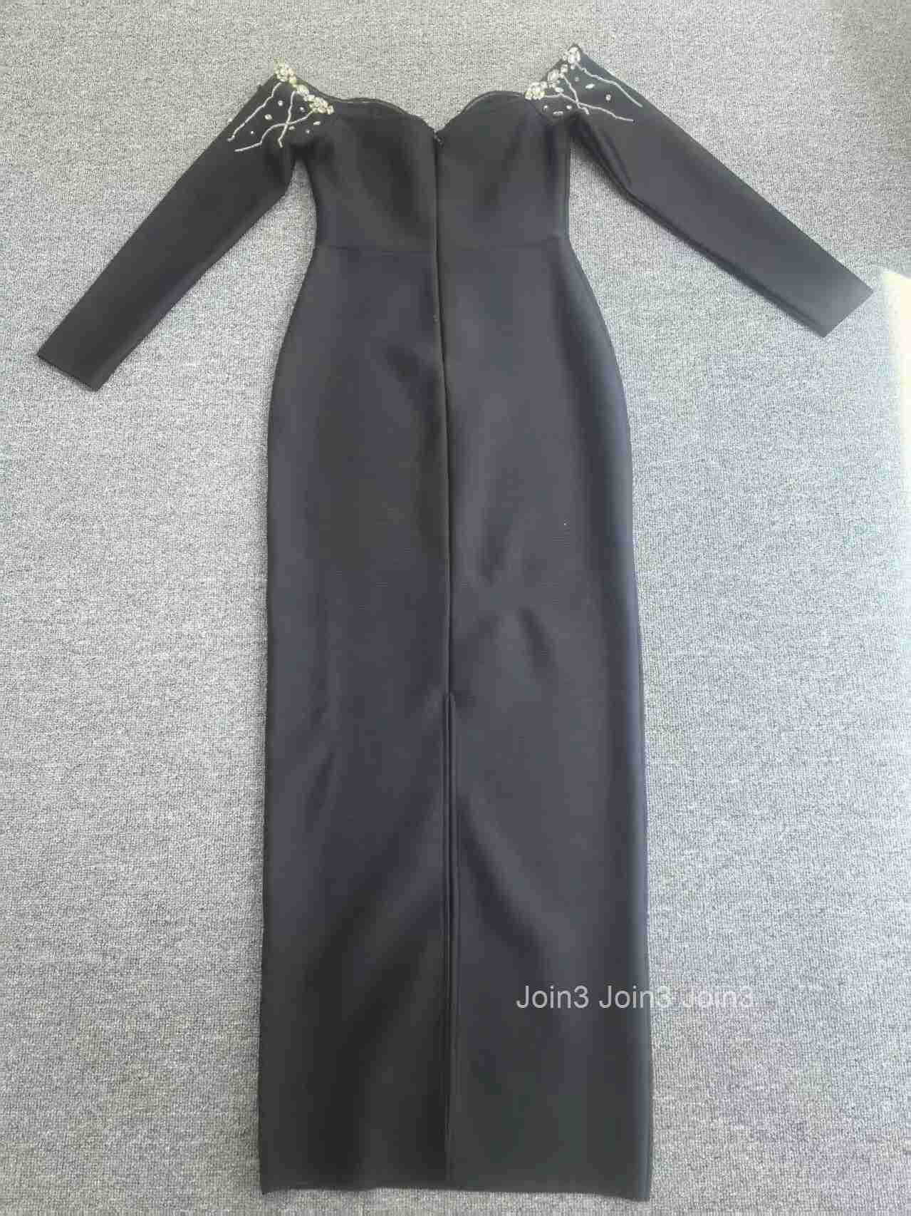 Best-Selling Sexy Black Long-Sleeve Rhinestone Fitted Off-Shoulder Dress for Annual Party Evening Gala Banquet