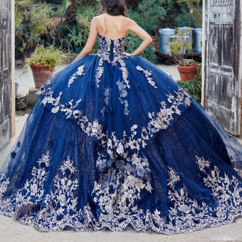 Navy Blue Shiny Ball Gown Quinceanera Dresses Applique Flower Beading Tull Sweet 16 Dress Vestidos De 15 Anos