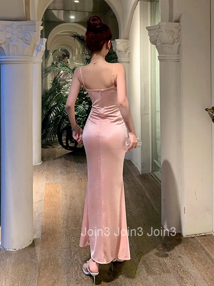 New Summer Fashion Pink Sweet Vacation Evening Fishtail Long Dress Women Clothes Sexy Strap Slim Party Prom Vestidos Robe Femme