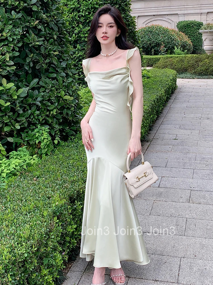 Summer Satin Long Evening One Piece Dress Women Clothes Elegant Pretty Solid Sexy Strap Slim Maxi Party Prom Robe Mujer Vestidos