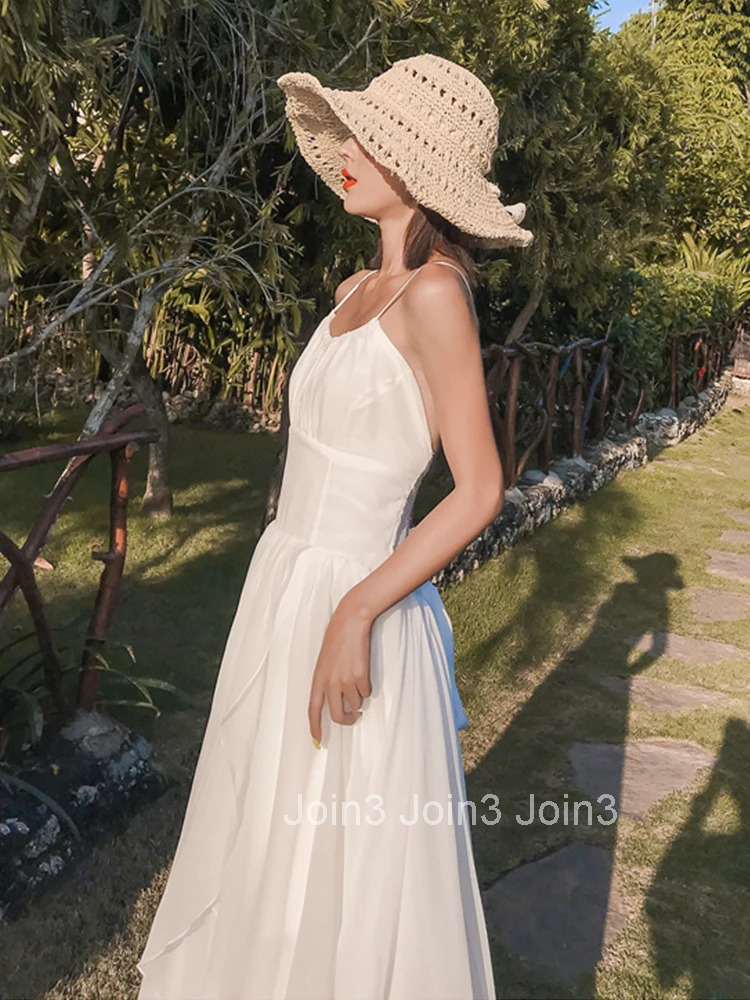 Women Vacation Clothes White Chiffon Sexy Sling Backless Slim Maxi Long Dress Elegant Fashion Party Prom Vestidos Robe Beach New