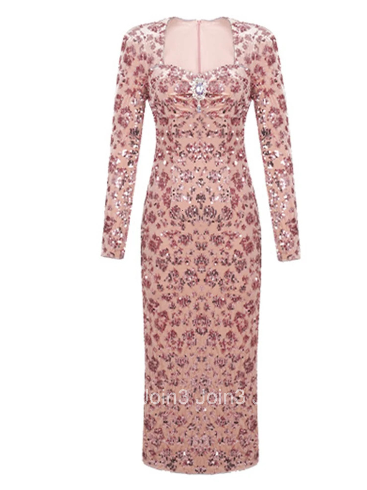 Autumn Casual Sweet Pink Velvet Sequin Evening Dress Women Clothes Elegant Retro Square Neck Skinny Midi Robe Party Prom Vestido