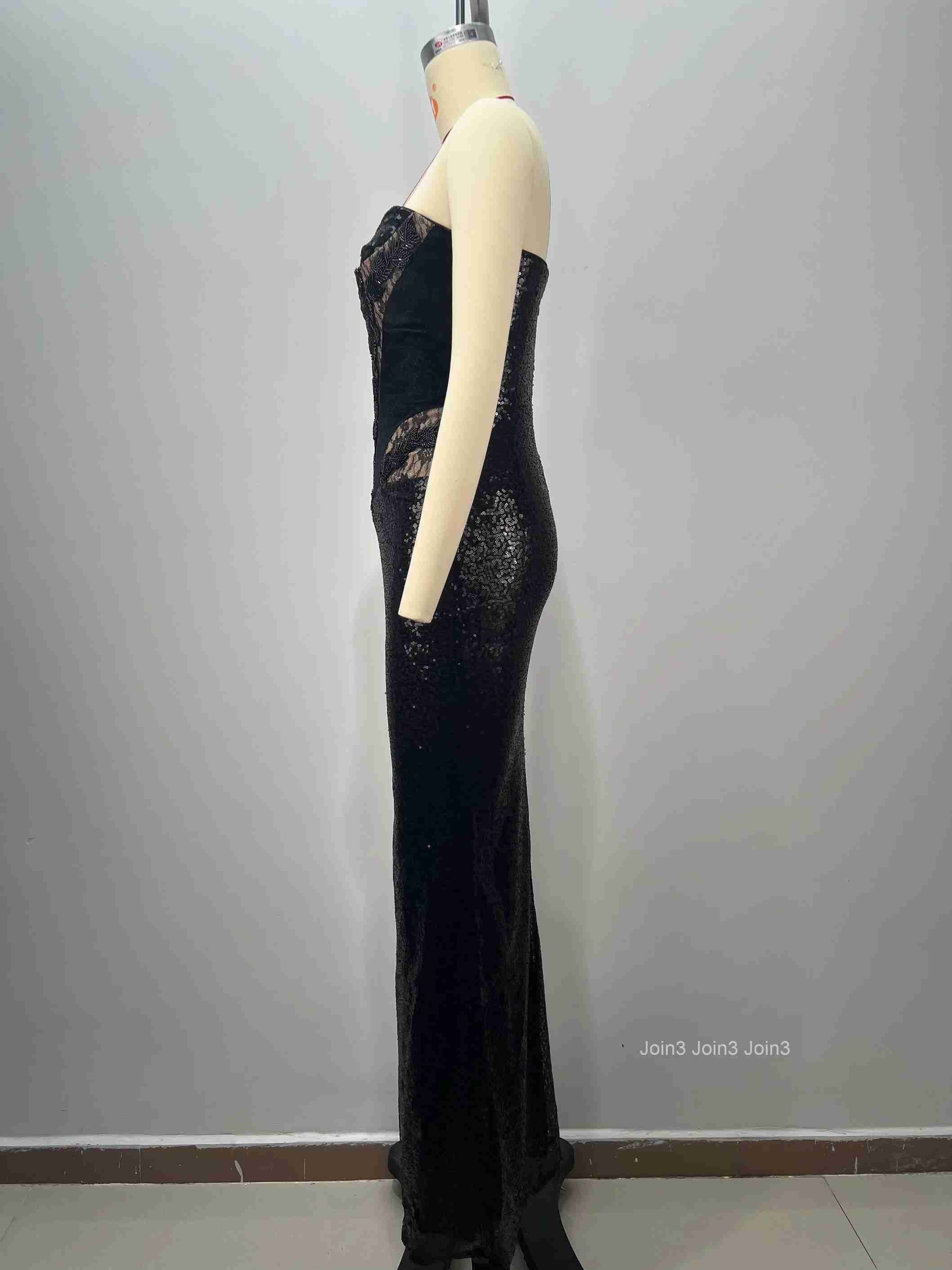 Womens Black Bandage Dress Strapless Lace Sequin Mermaid Evening Gown Beaded Waist Formal Party Wear