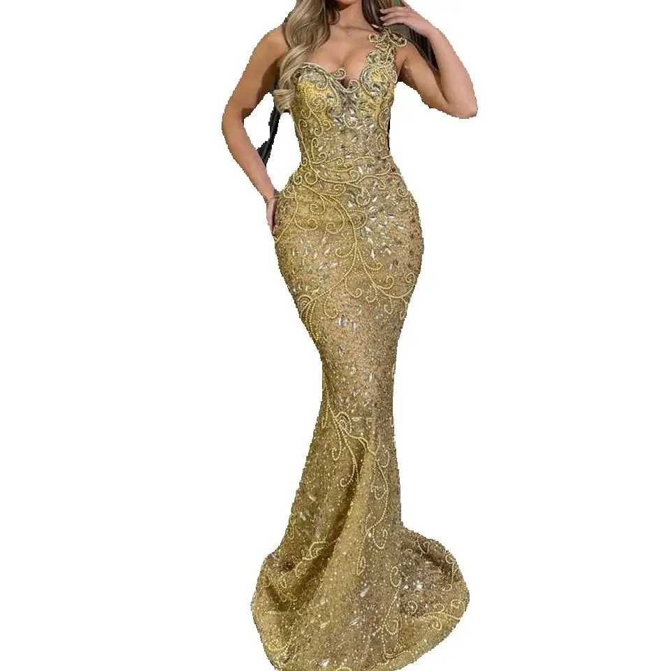 Gorgeous Crystal Prom Dresses Elegant Beaded Lace Evening Dress One Shoulder Rhinestones Appliques Party Gown Customized