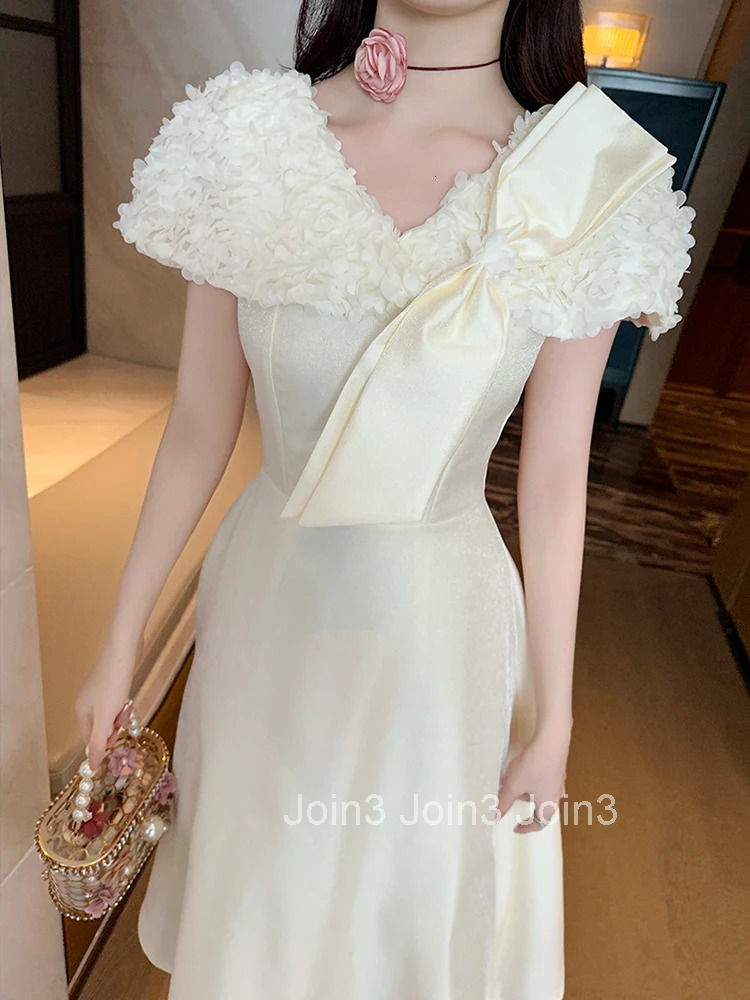 Summer French Fashion Sweet Bow Gown Evening Dress Women Clothes Elegant Floral V-Neck Slim A-Line Midi Robe Party Prom Vestidos