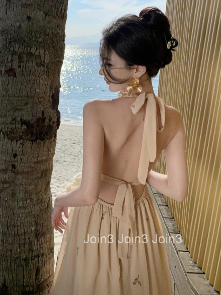 Women Clothes Sweet Chiffon Sexy Halter Backless Maxi Long A-Line Dress Elegant Fashion Evening Party Vestidos Robe Vacation New