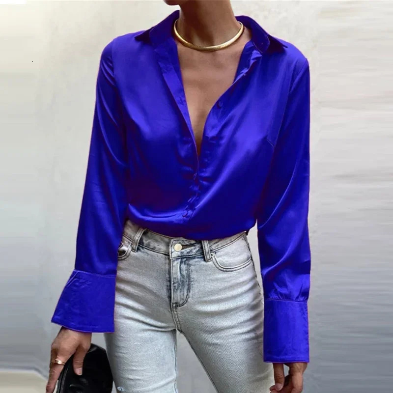 Long Sleeve Blouse Tops Women Shirt Green Button Up Lapel Loose Satin Camisas Elegant Spring Summer Office Ladies Shirts Top 250617