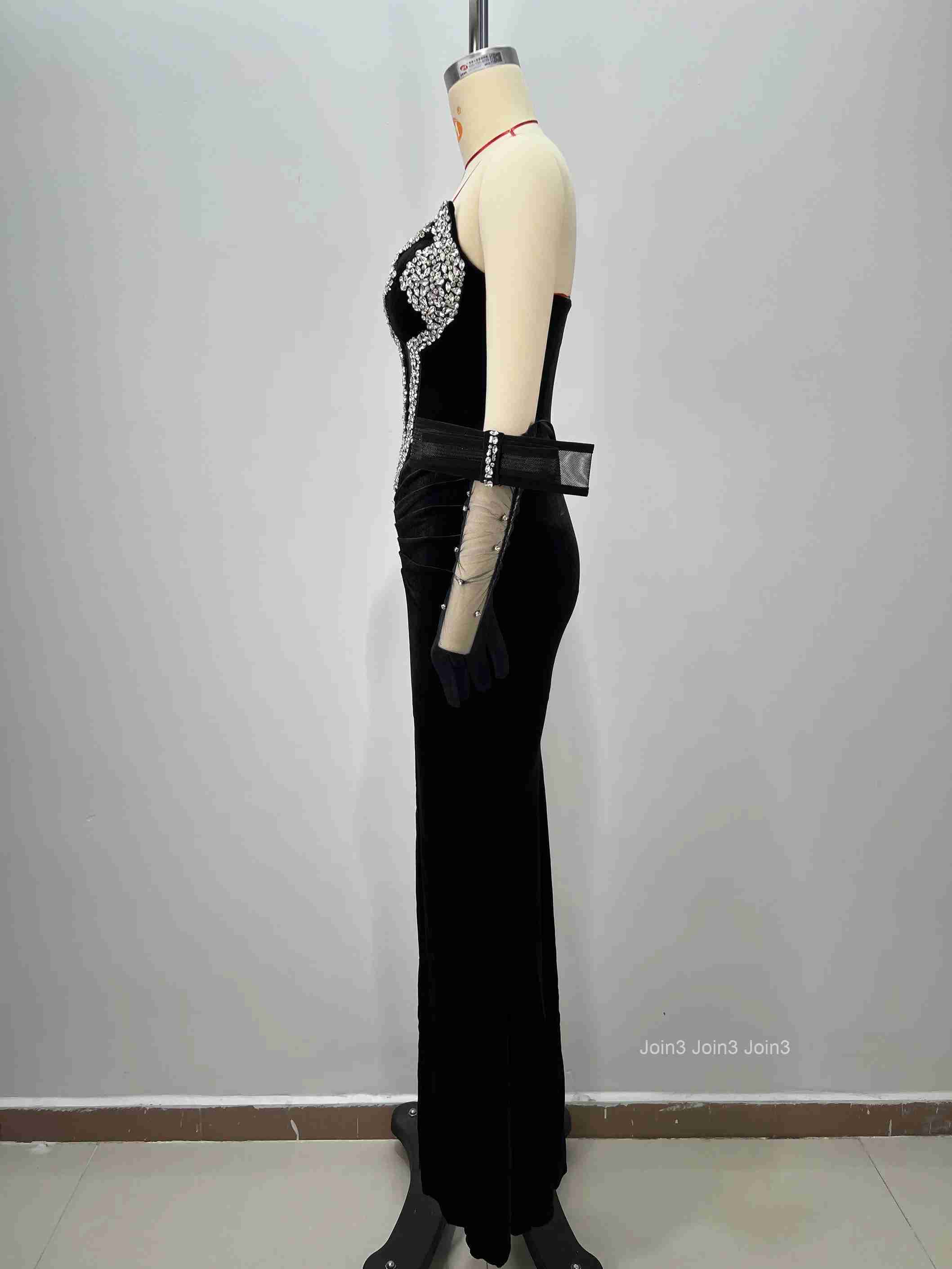 Womens Black Bandage Crystal Embellished Dress with Sheer Mesh Sexy High Slit Evening Gown Velvet Strapless Party Dress
