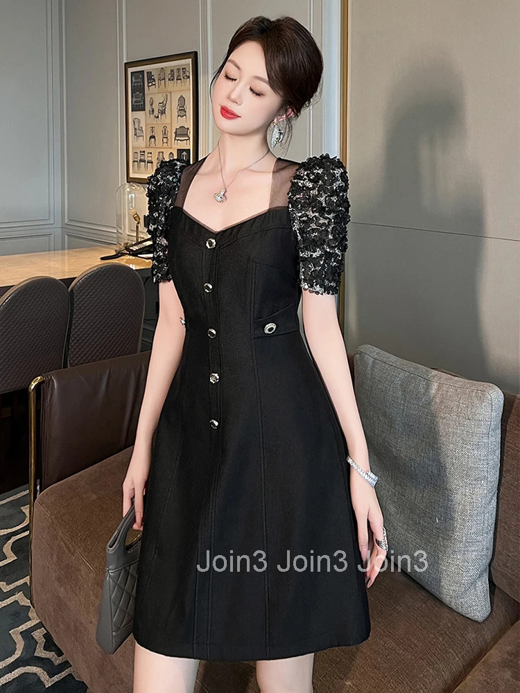 New Summer Fashion Black Retro Square Collar A-Line Short Dress Women Clothes Elegant Puff Sleeve Slim Party Prom Vestido Fiesta