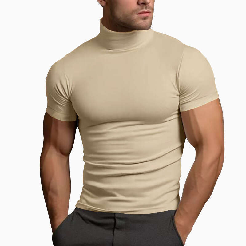 Cross-border In Stock 2024 Summer Solid Color Short Sleeve Fashion Base Shirt Men's Slim Fit High Neck T-shirt