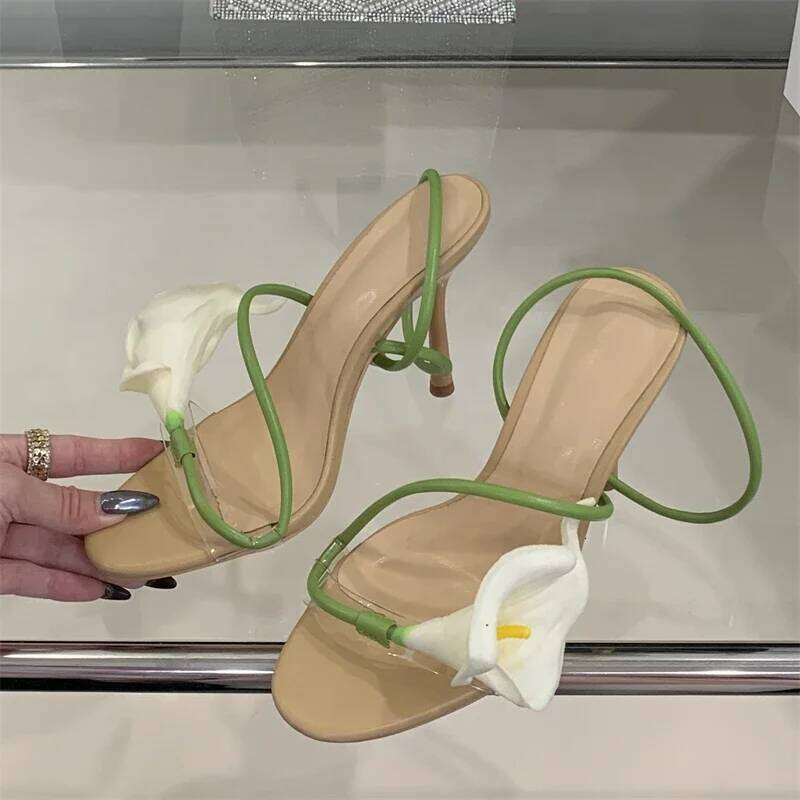 Eilyken Sexy PVC Transparent Flower Narrow Band Women Sandals Street Style Open Toe Thin High Heels Party Prom Shoes