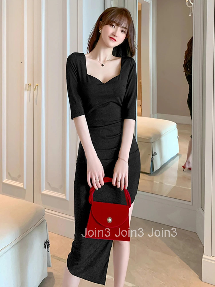 Summer Midi Skinny Bodycon Party Club Dress Ladies OL Elegant Retro Sexy Deep V Low-cut Black Asymmetrical Beach Holiday Dress