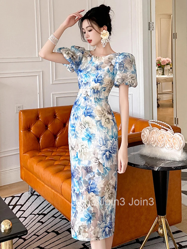 New Summer Elegant Women Evening Dress Retro Blue Floral Puff Sleeve Slim Midi Party Beach Prom Mujer Robe Femme Vestidos Fiesta