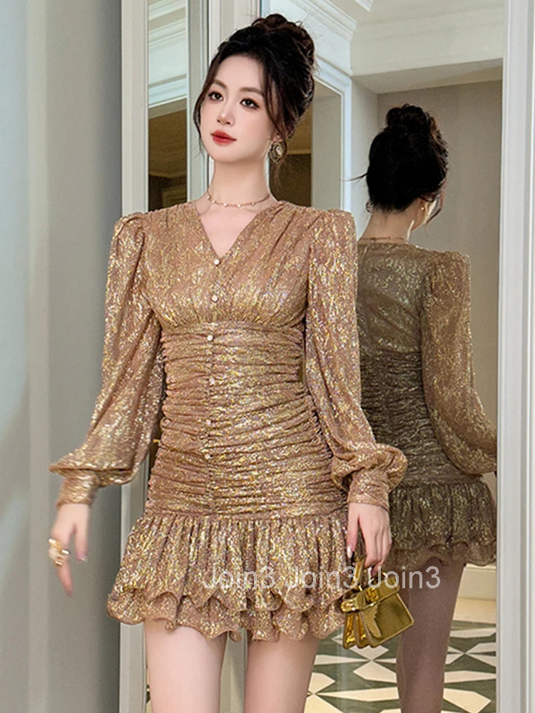 Women Clothes Fashion Sparkly Gold Bright Silk V-Neck Skinny Mermaid Short Dress Elegant Ladies Vintage Party Prom Vestido New