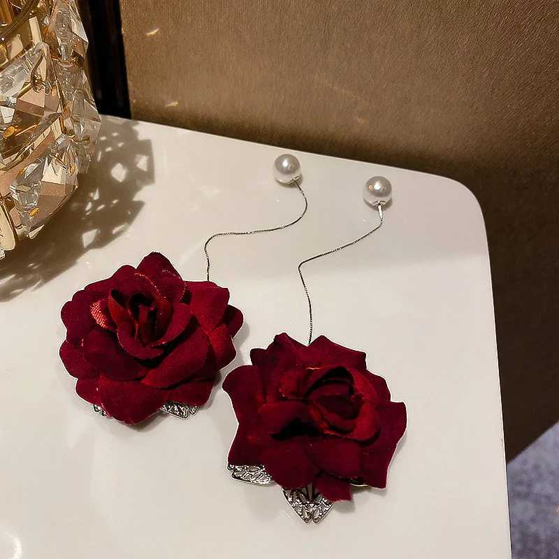 Dominate Big Rose Tassel Drop Earrings for Women Temperament Red Flower Simulated Pearl Earrings Girls Wedding Party Jewelry XJ250623