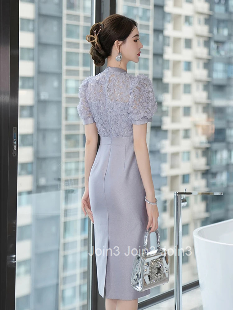 Summer Fake 2 Pieces Elegant Office Formal Occasion Pencil Dress Women Clothes Commute Puff Sleeve Slim High Waist Midi Vestidos